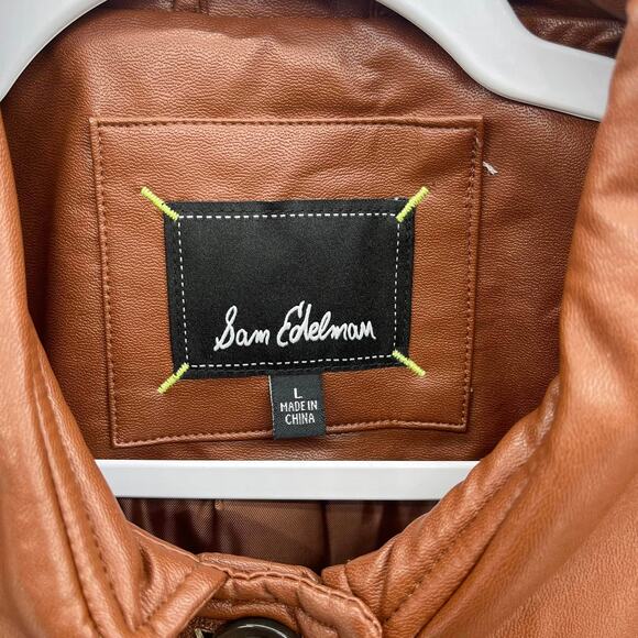 Sam Edelman Cognac Brown Box Quilted Faux Leather Button Up Shacket Jacket - Picture 8 of 10